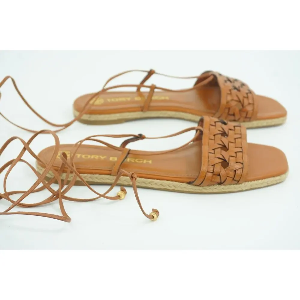 Tory Burch Basketweave Woven Ankle Wrap Espadrille Sandal Size 8 Tie Strap $245